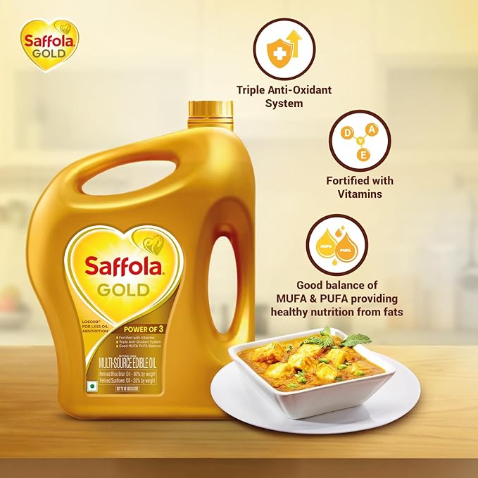 5 Litre Jar + 1L Pouch Saffola Gold Refined Cooking oil  Power of 3 - Balance of Good Fats, Triple Anti-Oxidant System & Fortified with Vitamins  Multi-Source Edible Rice Bran & Sunflower Oil