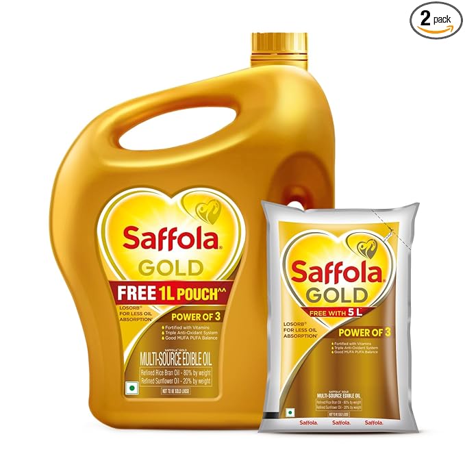 5 Litre Jar + 1L Pouch Saffola Gold Refined Cooking oil  Power of 3 - Balance of Good Fats, Triple Anti-Oxidant System & Fortified with Vitamins  Multi-Source Edible Rice Bran & Sunflower Oil