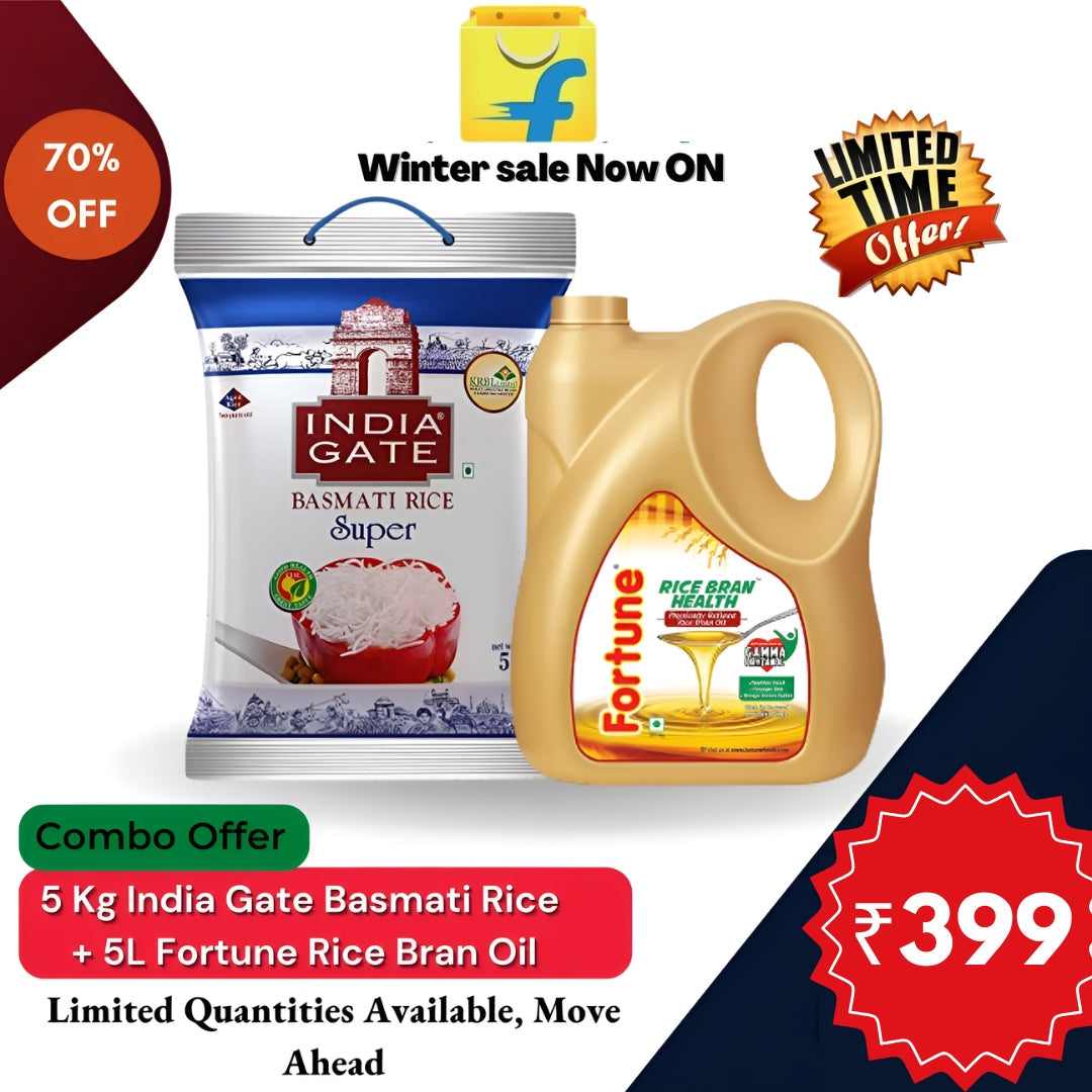 All in One Combo of 25Kg India Gate Basmati Rice S uper, 5L Fortune Rice Bran Health