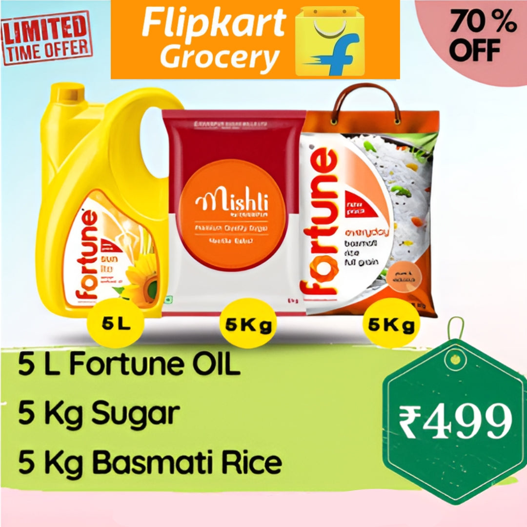 All in One Combo of 35L Fortune Oil, 5Kg Sugar, 5Kg Basmati Rice