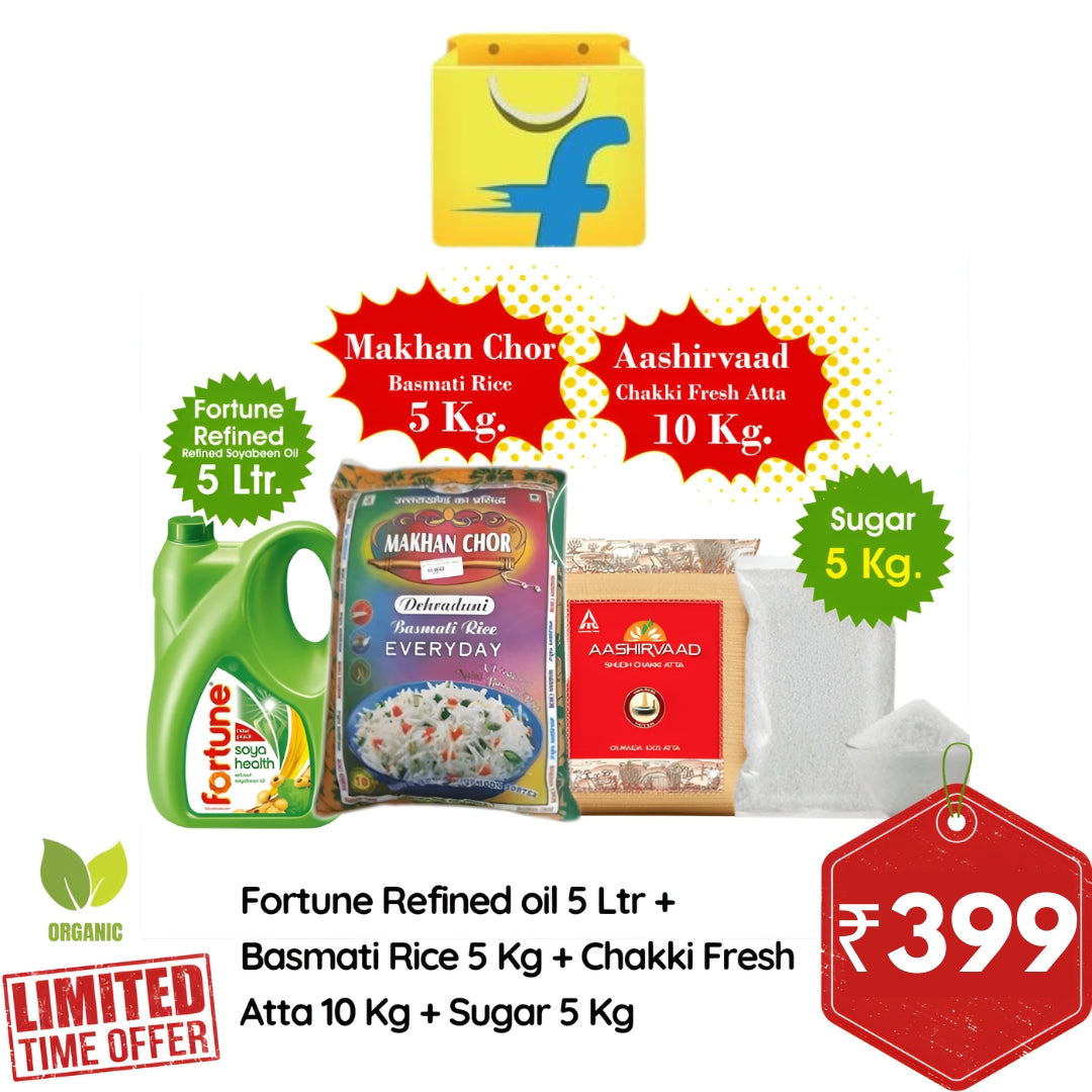 All in One Combo of 4 5L Fortune Refined Oil, 5Kg M akhan Chor Basmati Rice, 10Kg Aashirvaad Chakki Fre sh Atta, 5Kg Sugar