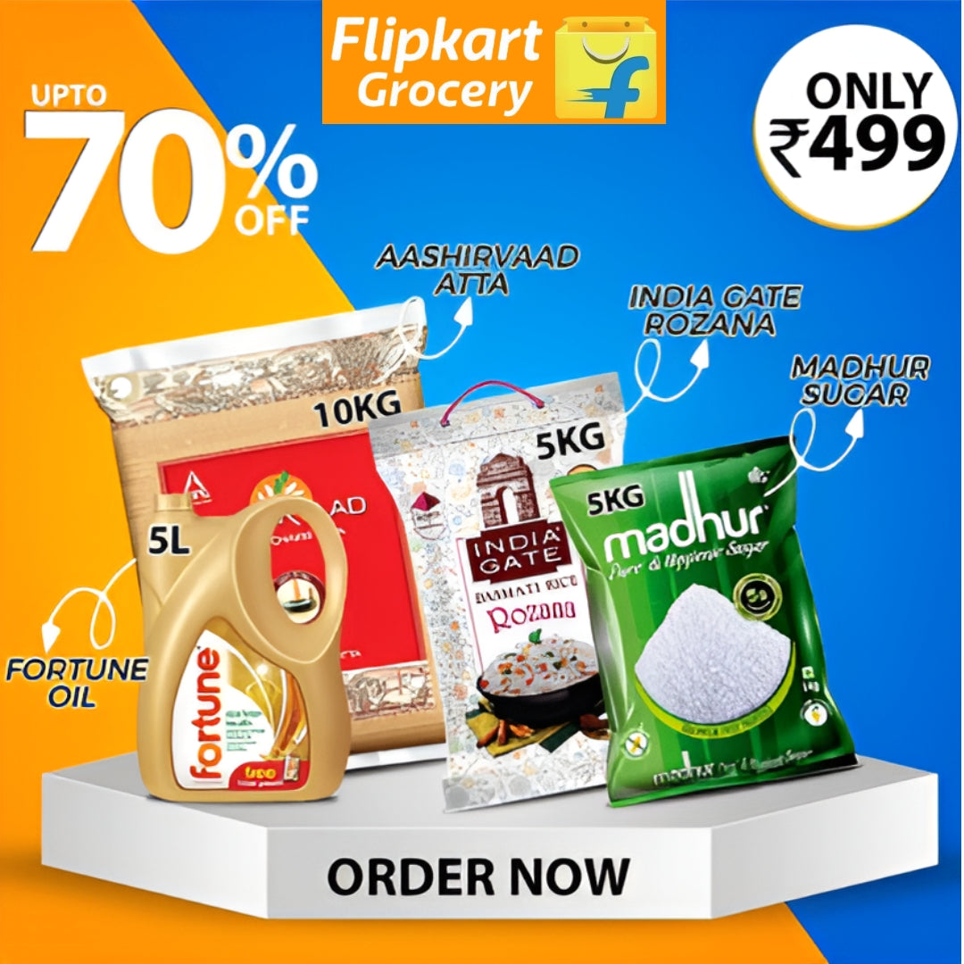 All in One Combo of 4 Fortune Oil, Aashirvaad Atta, I ndia Gate Rozana, Madhur Sugar