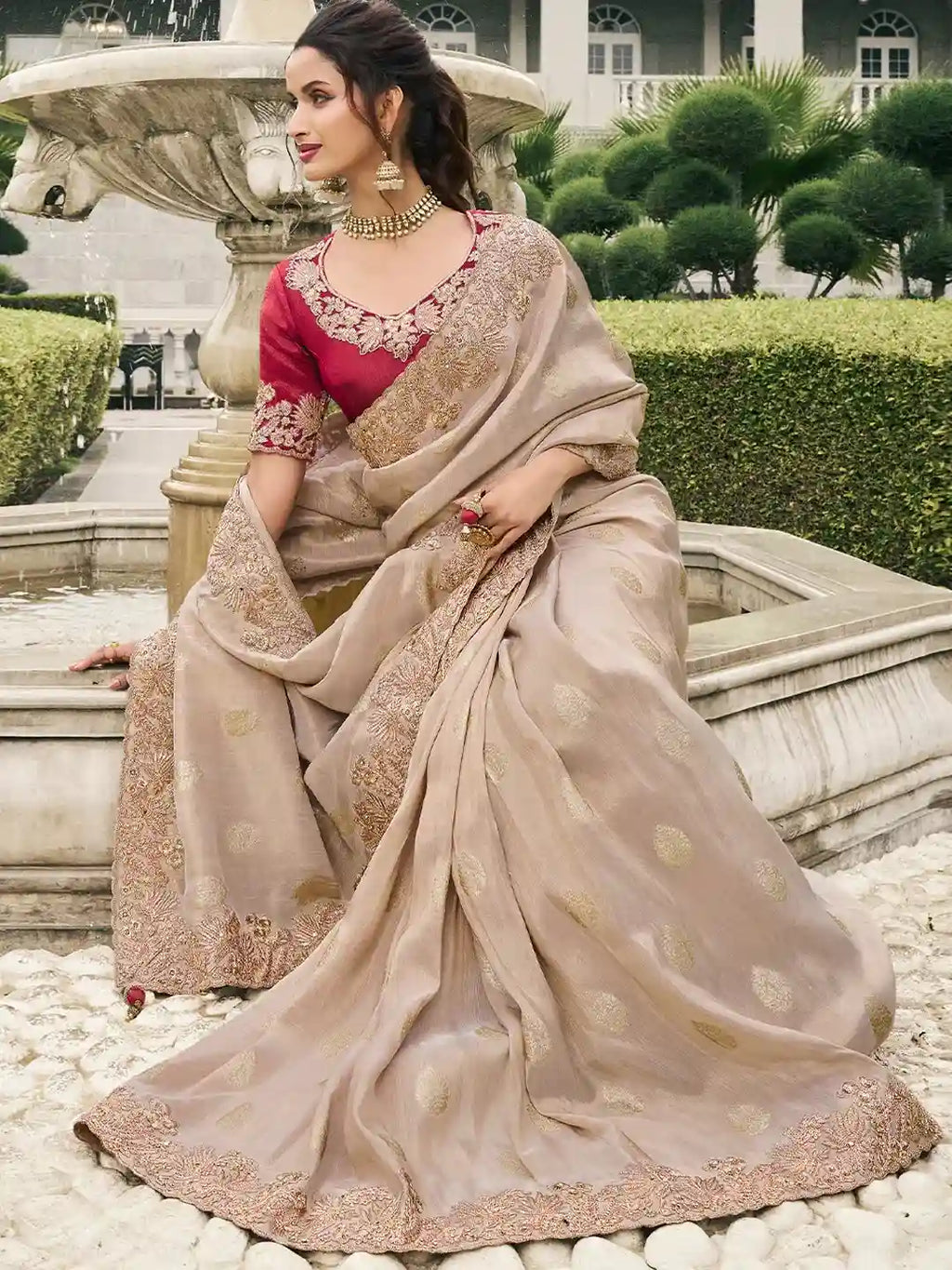 Beige & Red Zari Embroidered Silk Saree