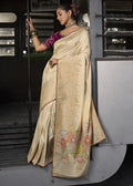 Cream & Maroon Zari Embroidered Silk Saree