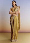 Golden Yield Crush Tissue Saree with Gota Zari & Bead Embroidery – Couture Meets Capital