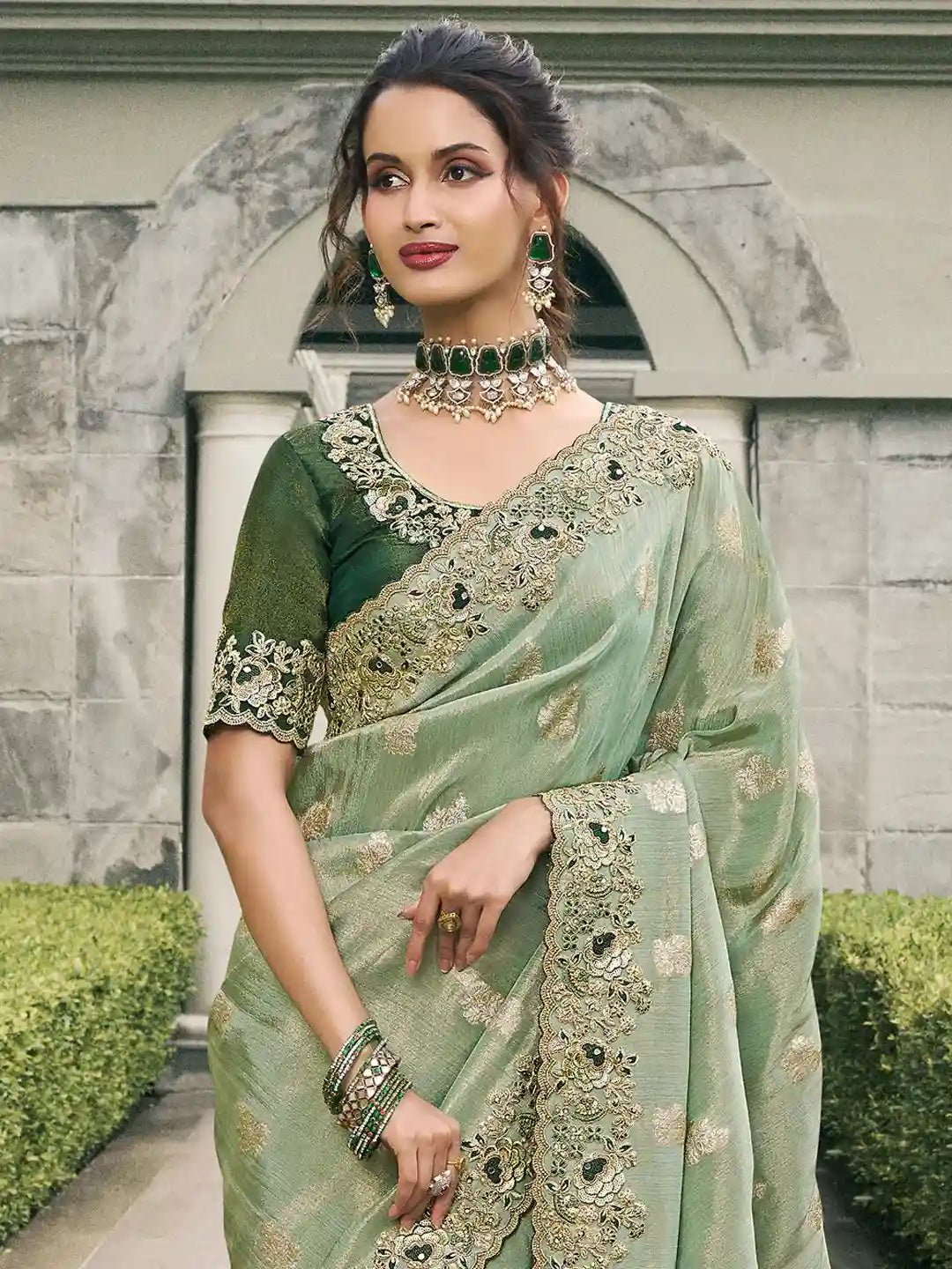 Light Green & Gold Zari Embroidered Silk Saree