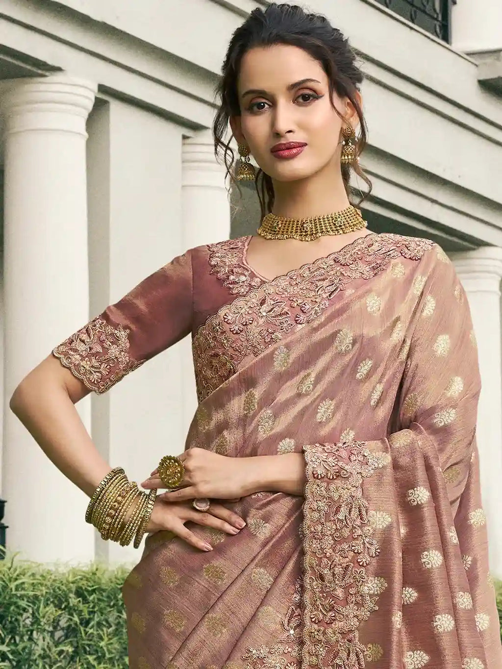 Elegant Deep Red Silk Saree with Golden Embellishments