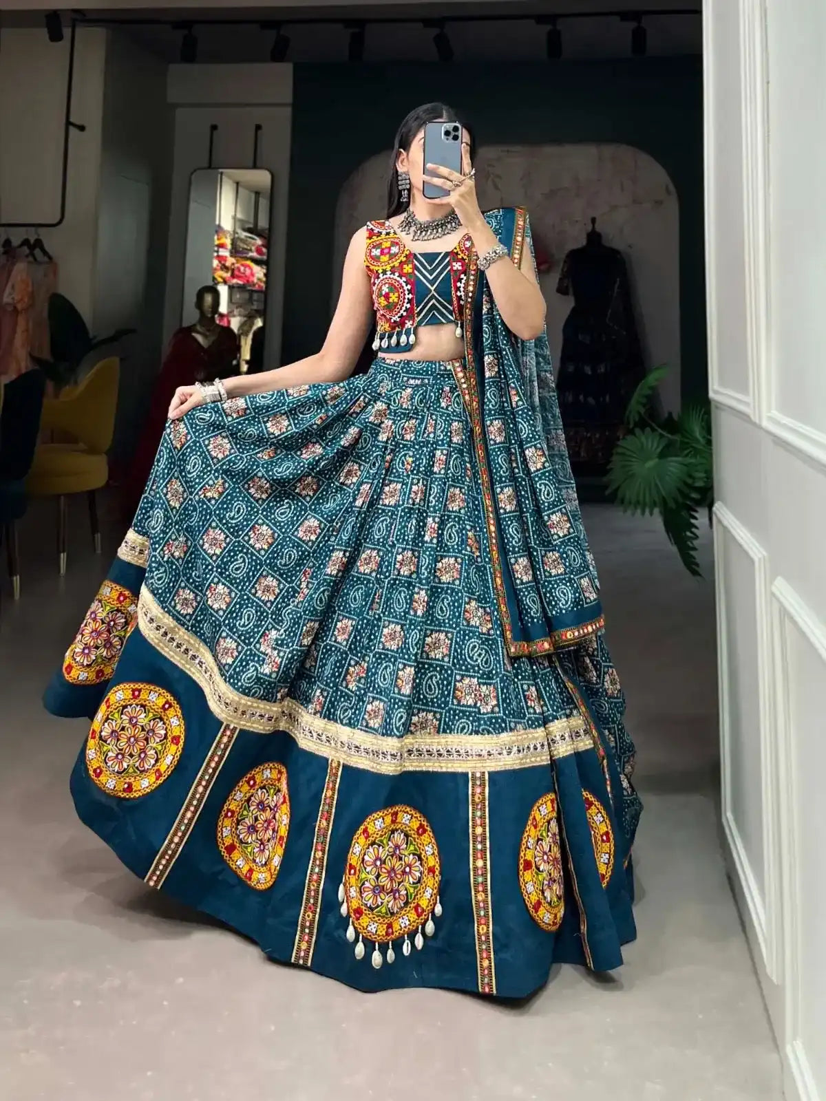 Traditional Navy Blue Bandhani Chaniya Choli with Mirror Work Embellishments