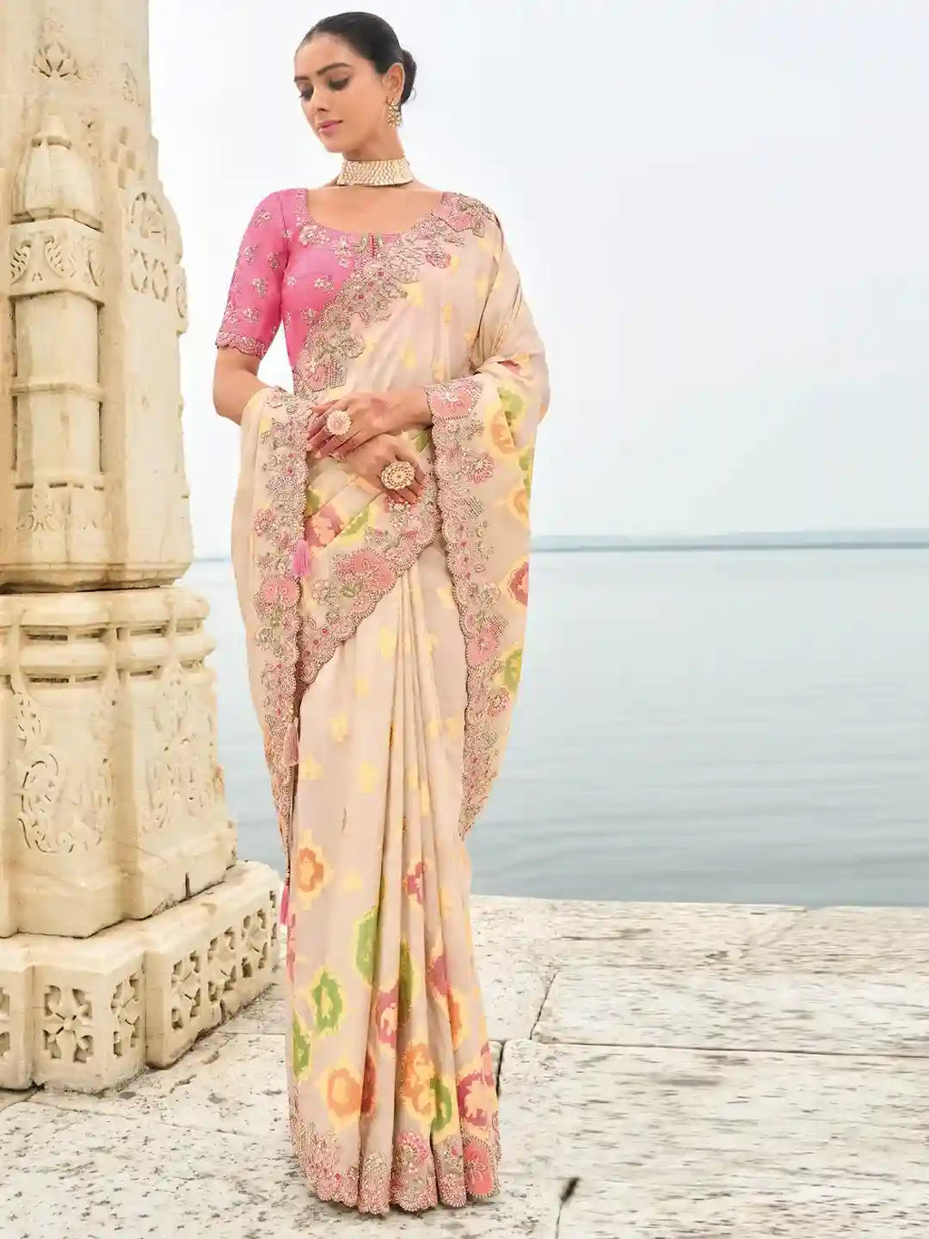 Cream & Pink Floral Zari Embroidered Silk Saree