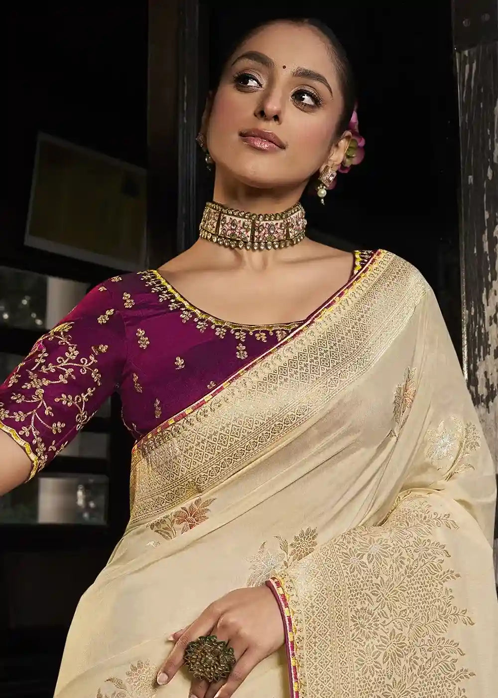Cream & Maroon Zari Embroidered Silk Saree