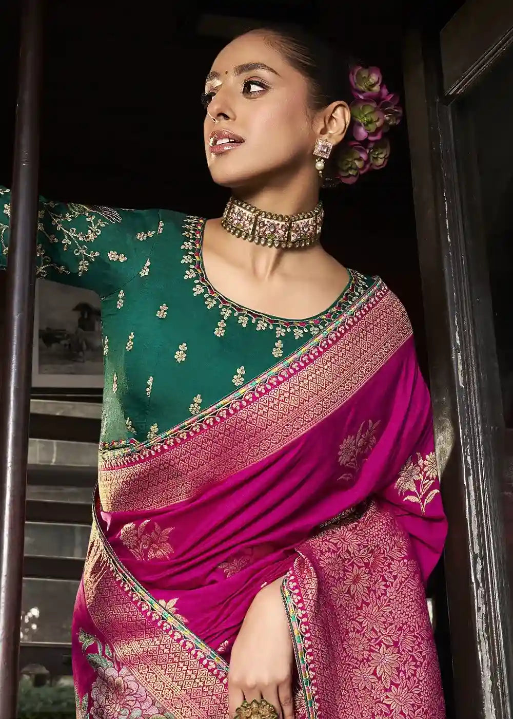 Pink & Green Floral Zari Embroidered Silk Saree
