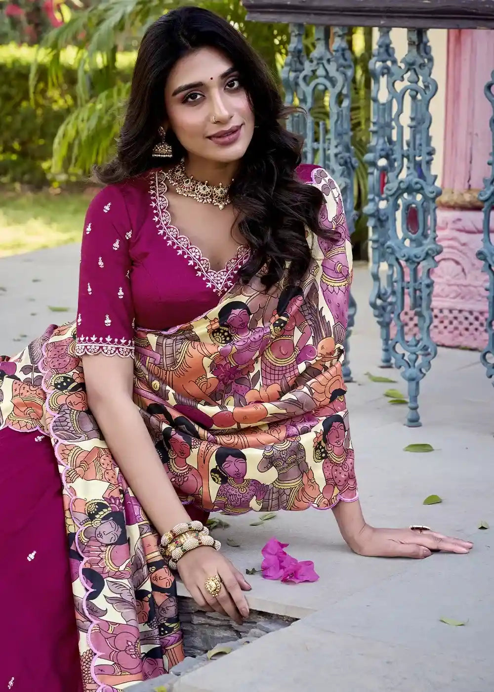 Elegant Magenta Chaniya Choli with Artistic Kalamkari Dupatta