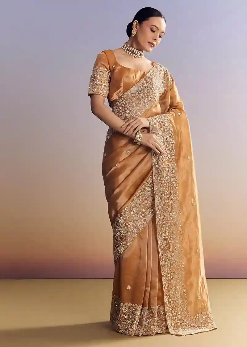 Imperial Gold-Orange Tissue Saree with Heavy Embroidered Border – Elite Trade & Trend Edition