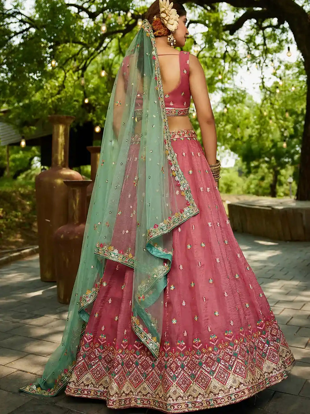 Pink Embroidered with Mint Green Dupatta – Traditional Royalty Redefined