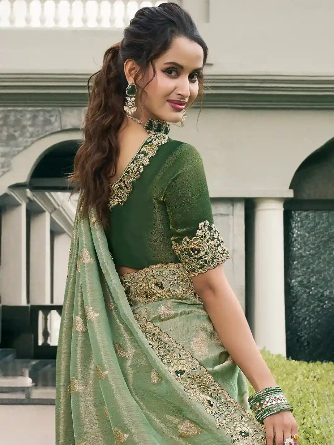 Light Green & Gold Zari Embroidered Silk Saree