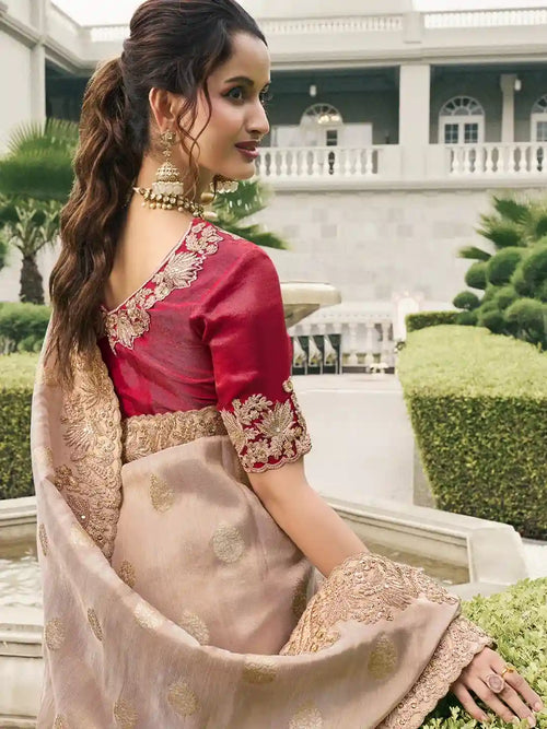 Beige & Red Zari Embroidered Silk Saree