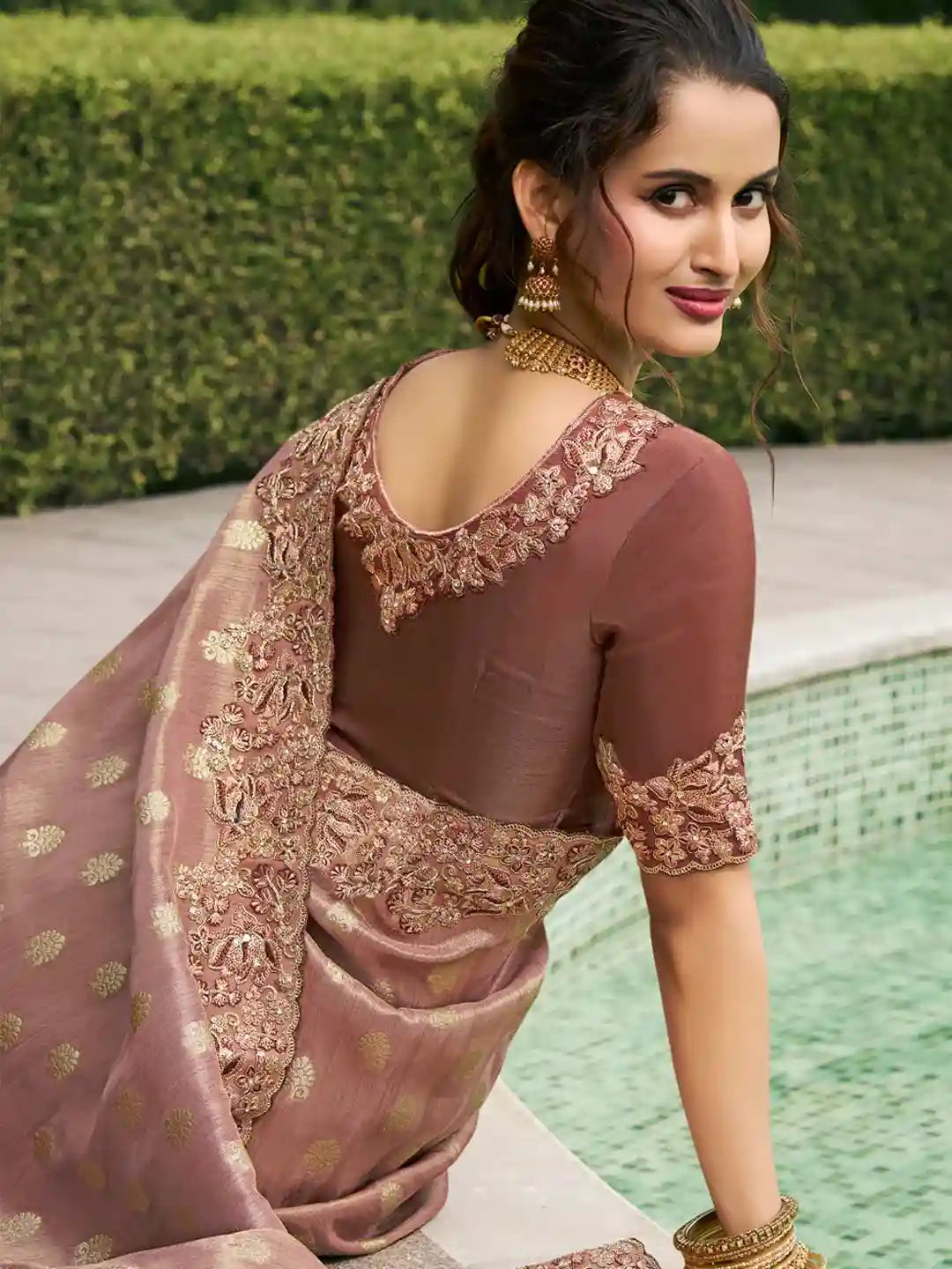 Elegant Deep Red Silk Saree with Golden Embellishments