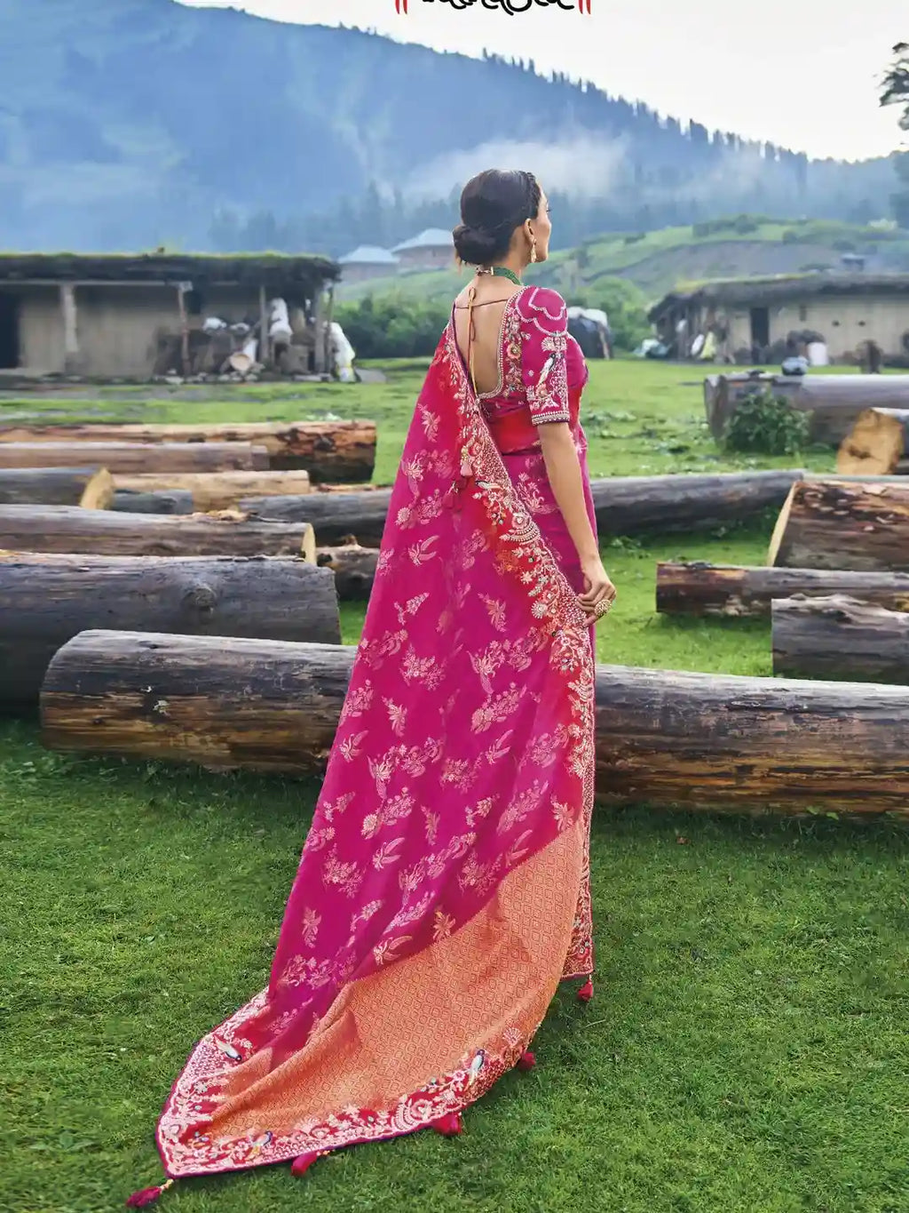 Deep Pink & Orange Zari Silk Saree