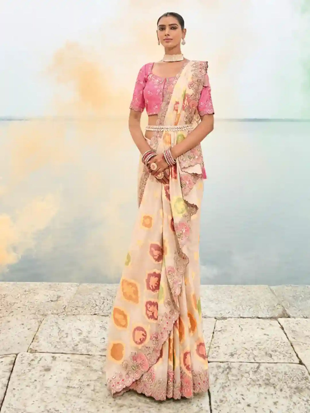 Cream & Pink Floral Zari Embroidered Silk Saree