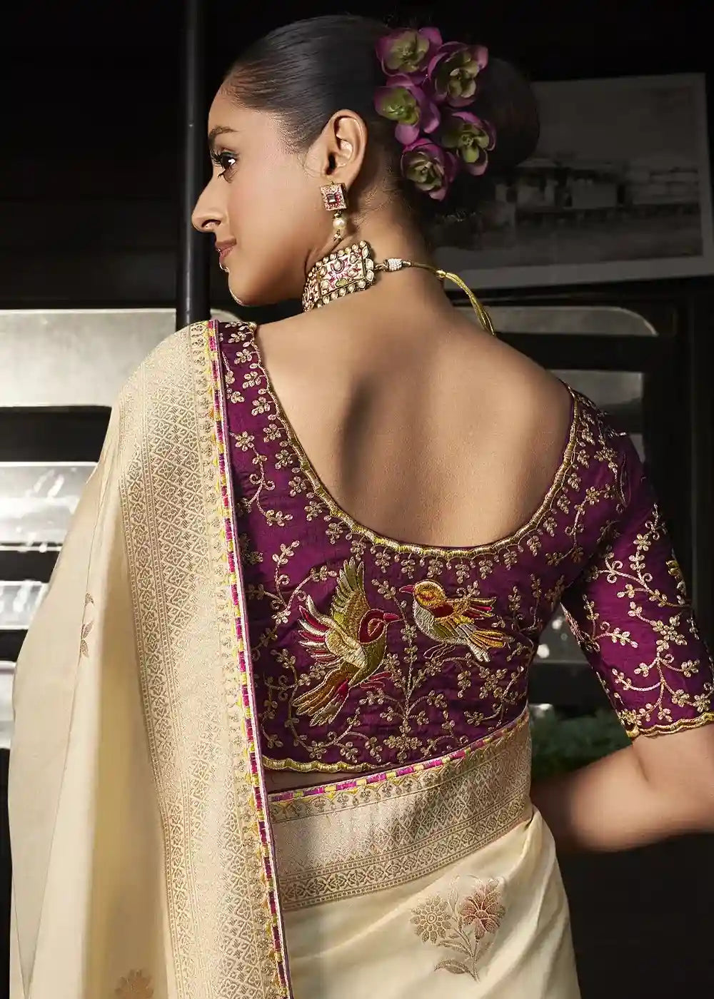 Cream & Maroon Zari Embroidered Silk Saree