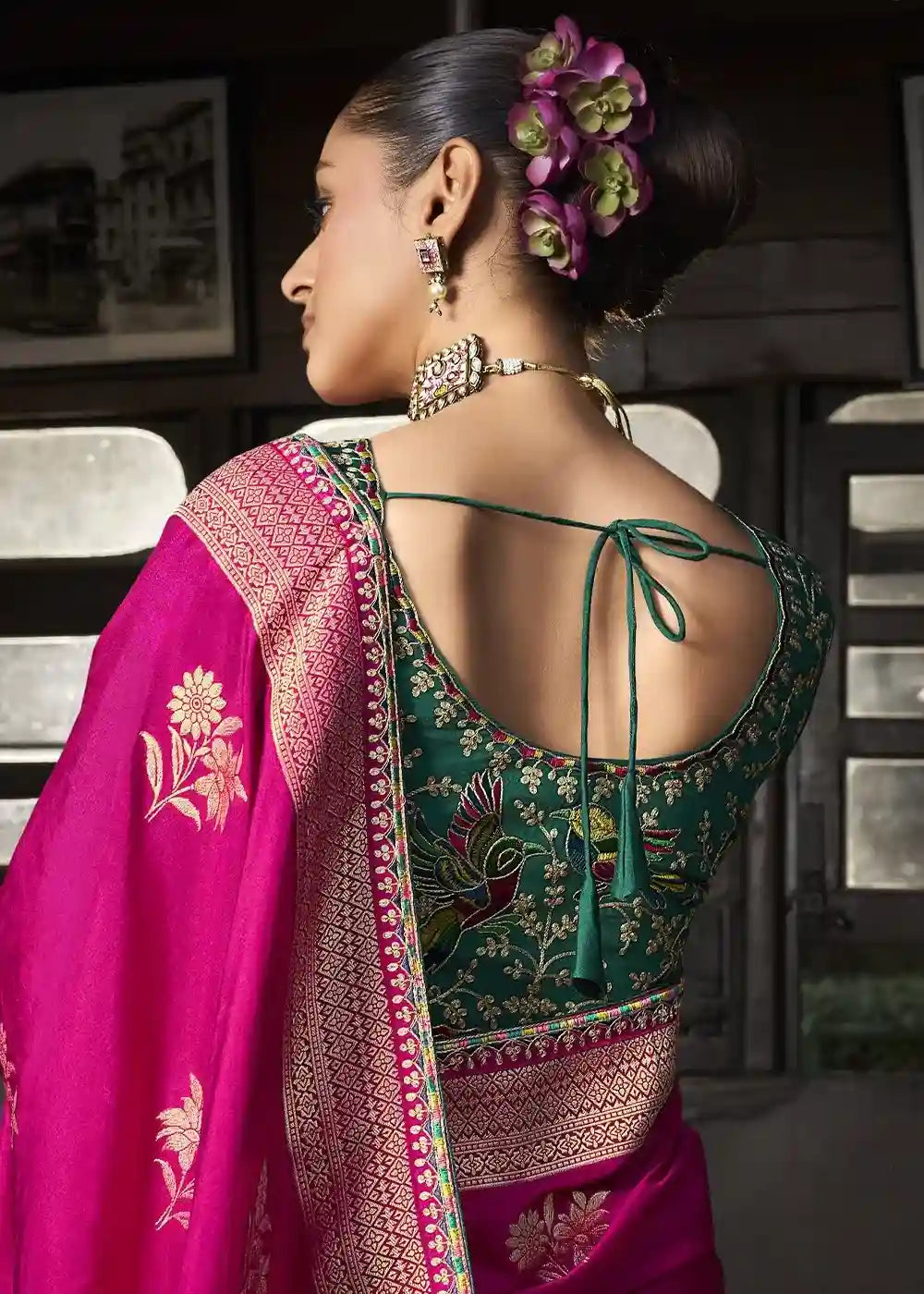 Pink & Green Floral Zari Embroidered Silk Saree