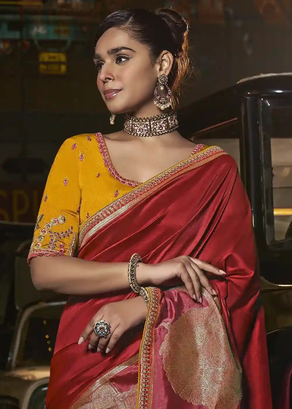 Red & Gold Zari Silk Saree with Yellow Embroidered Blouse