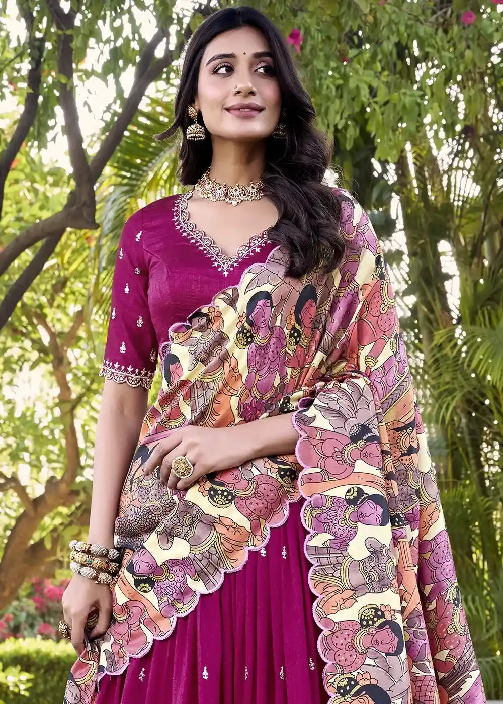 Elegant Magenta Chaniya Choli with Artistic Kalamkari Dupatta