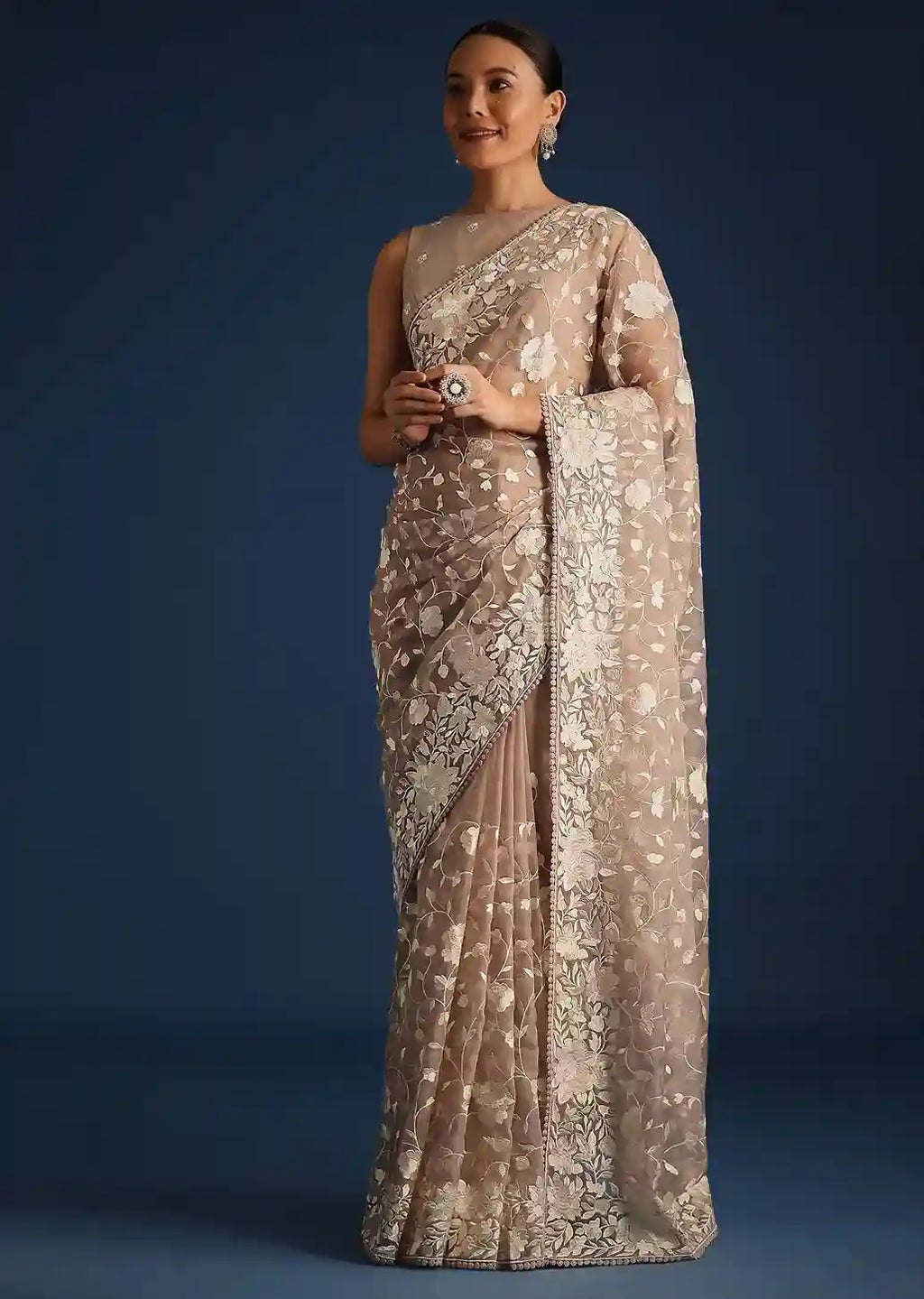 Heritage Yield Beige & Cream Floral Embroidered Saree