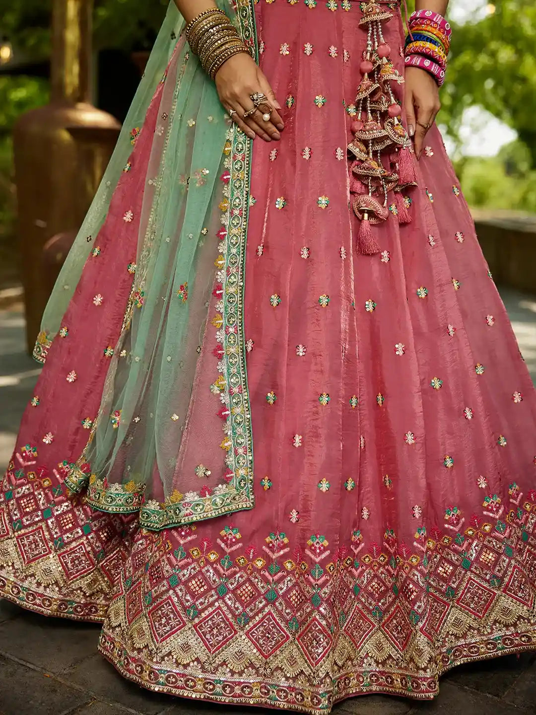 Pink Embroidered with Mint Green Dupatta – Traditional Royalty Redefined