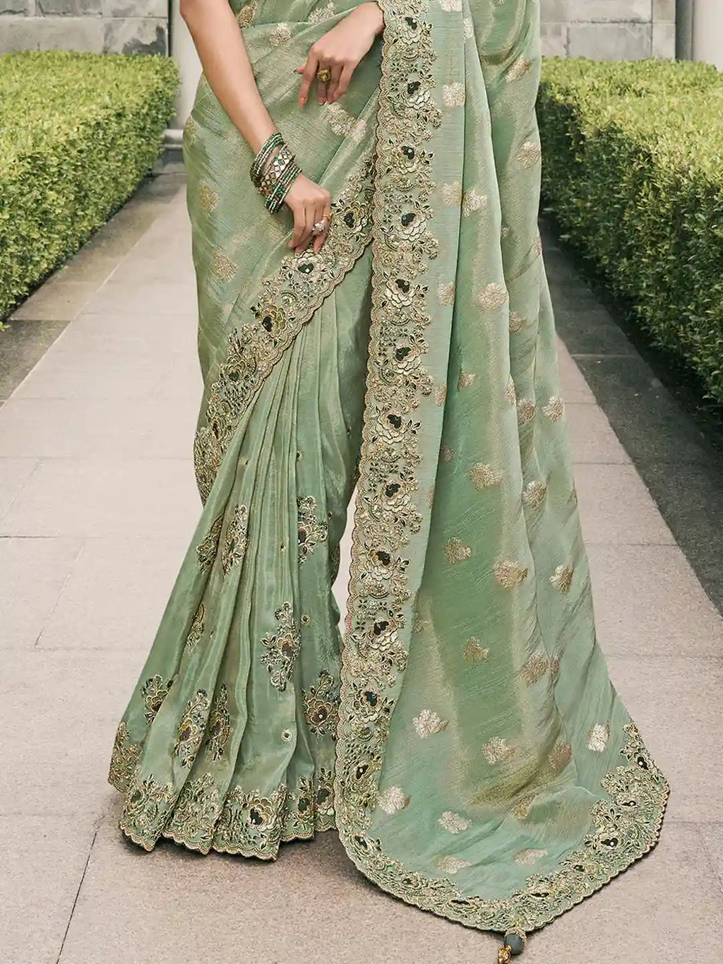 Light Green & Gold Zari Embroidered Silk Saree
