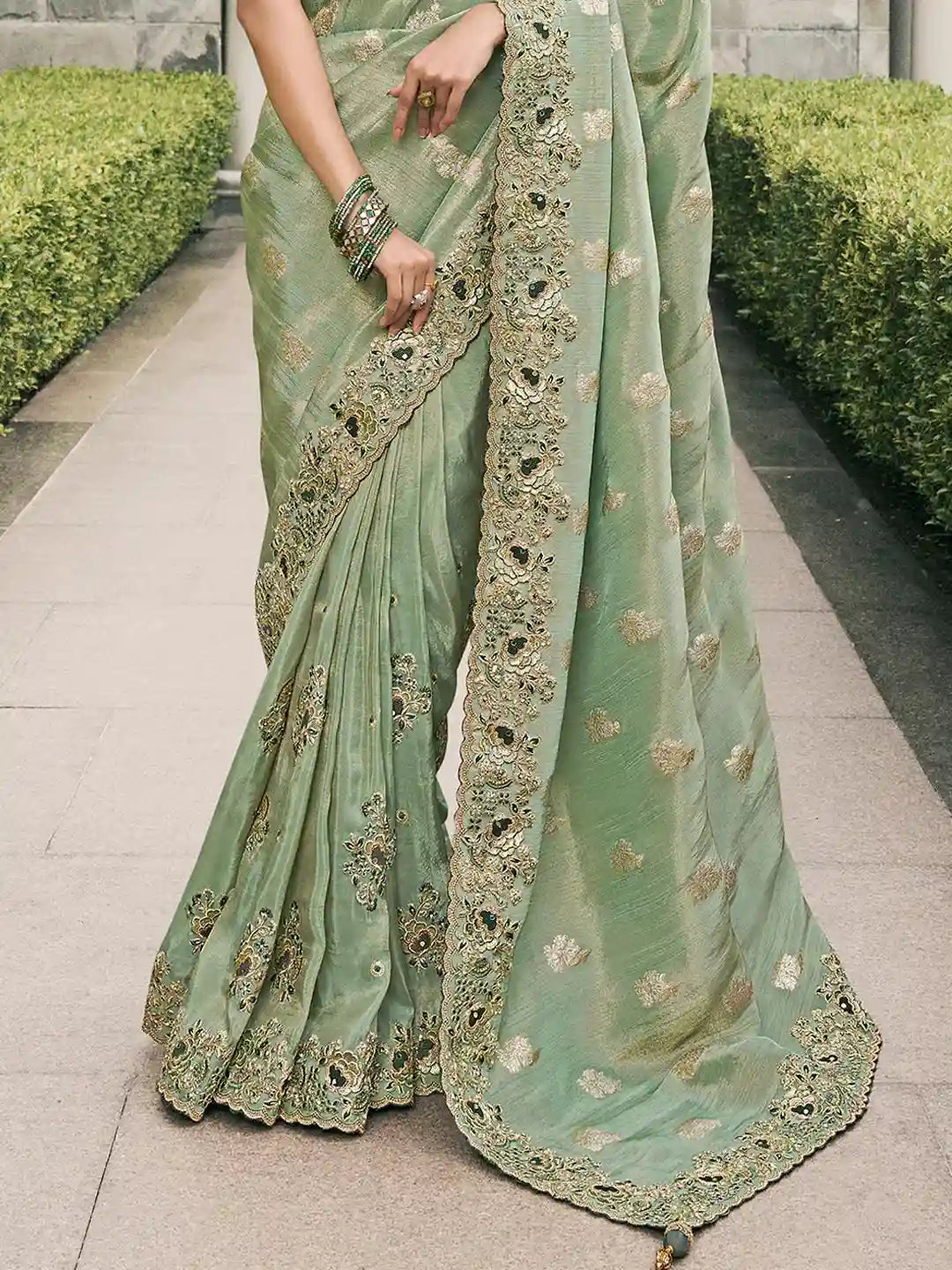 Light Green & Gold Zari Embroidered Silk Saree