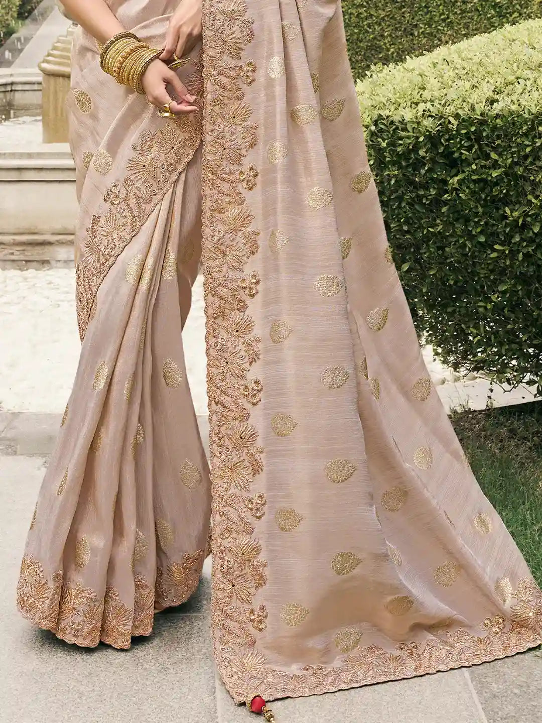 Beige & Red Zari Embroidered Silk Saree