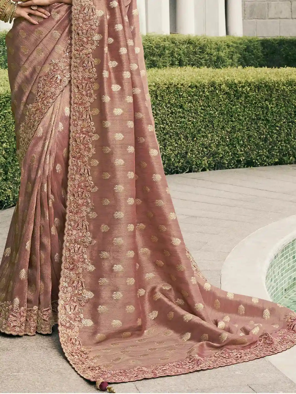 Elegant Deep Red Silk Saree with Golden Embellishments
