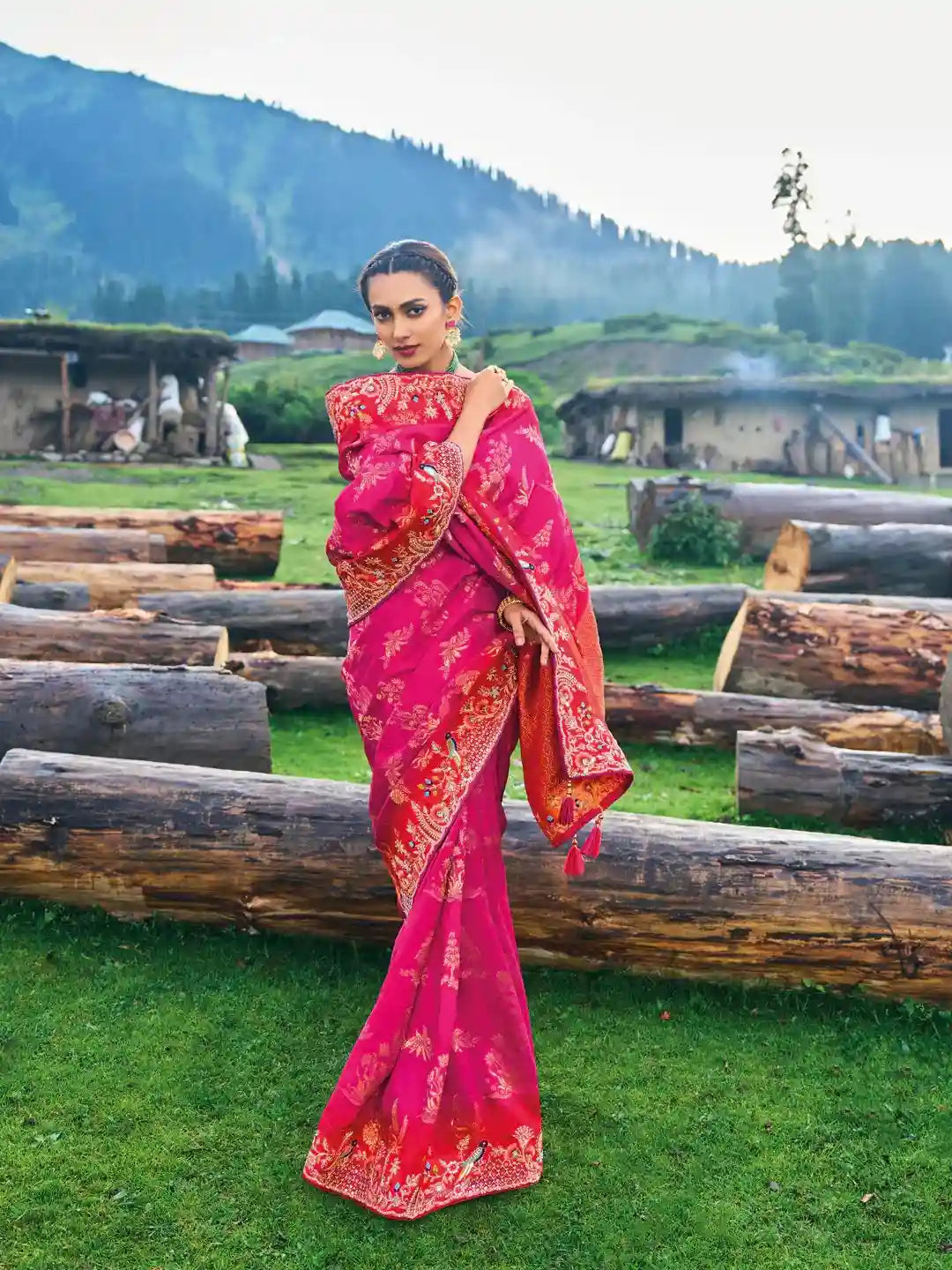 Deep Pink & Orange Zari Silk Saree