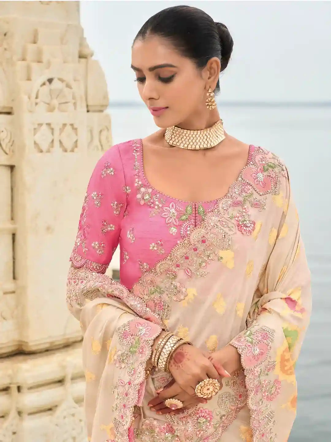 Cream & Pink Floral Zari Embroidered Silk Saree