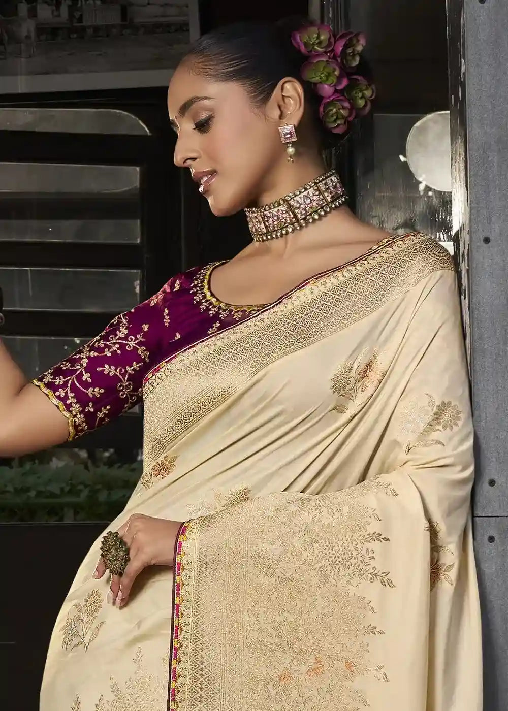 Cream & Maroon Zari Embroidered Silk Saree