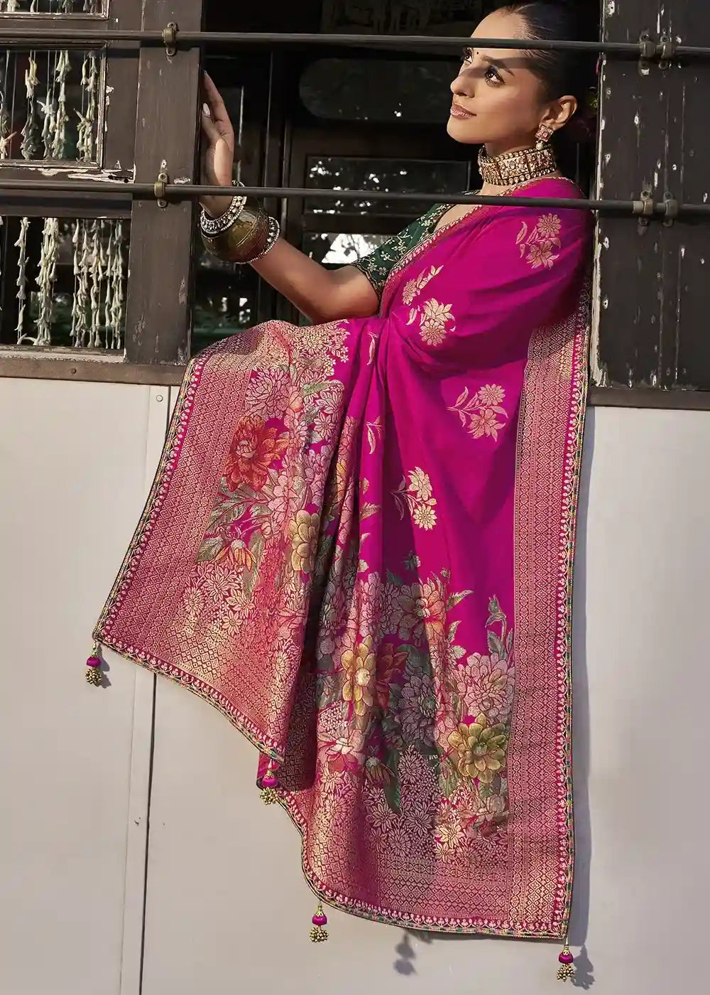 Pink & Green Floral Zari Embroidered Silk Saree