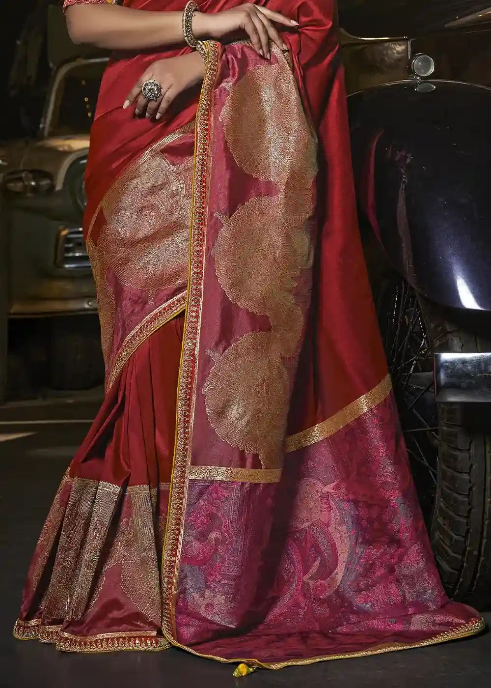 Red & Gold Zari Silk Saree with Yellow Embroidered Blouse