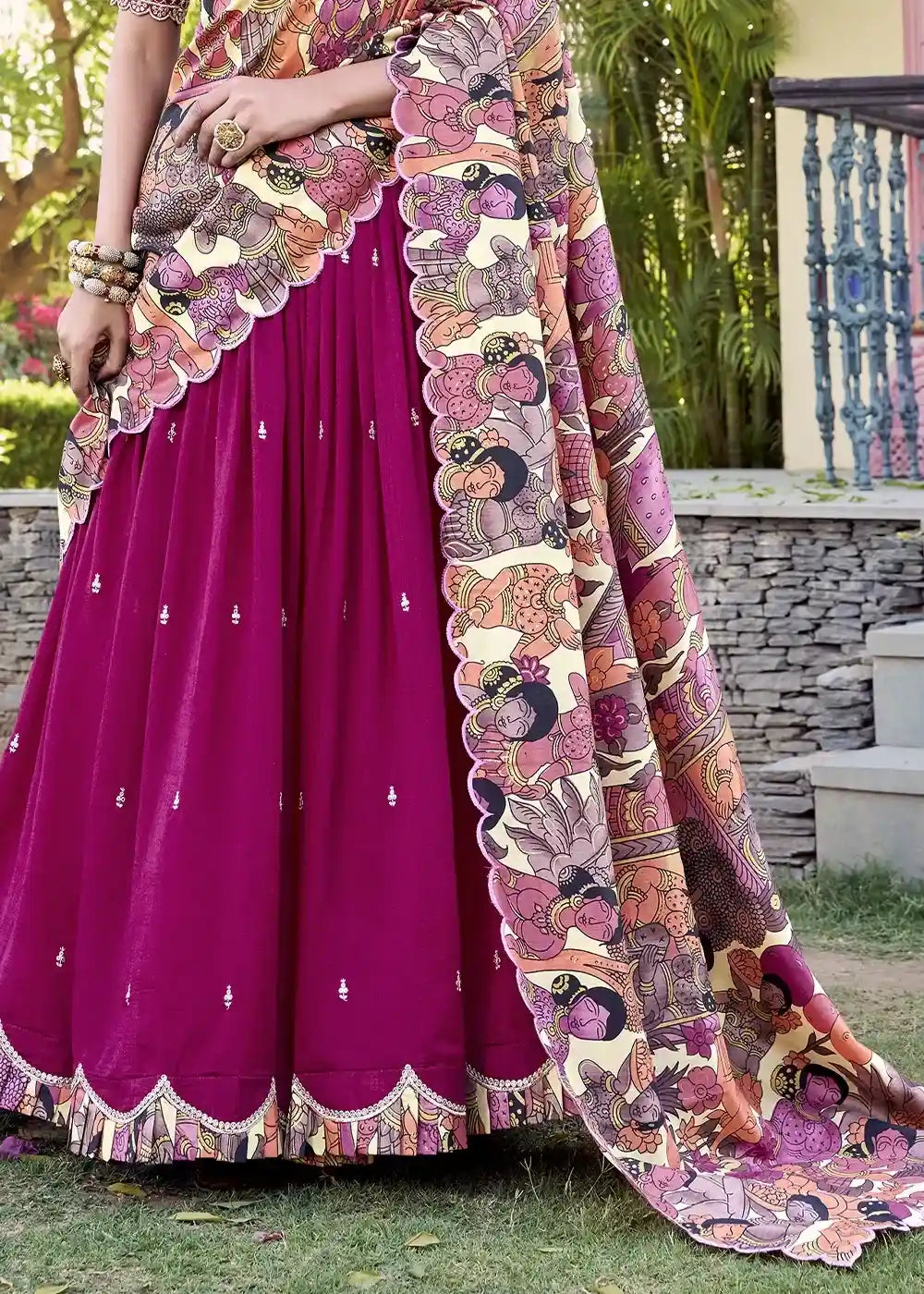 Elegant Magenta Chaniya Choli with Artistic Kalamkari Dupatta