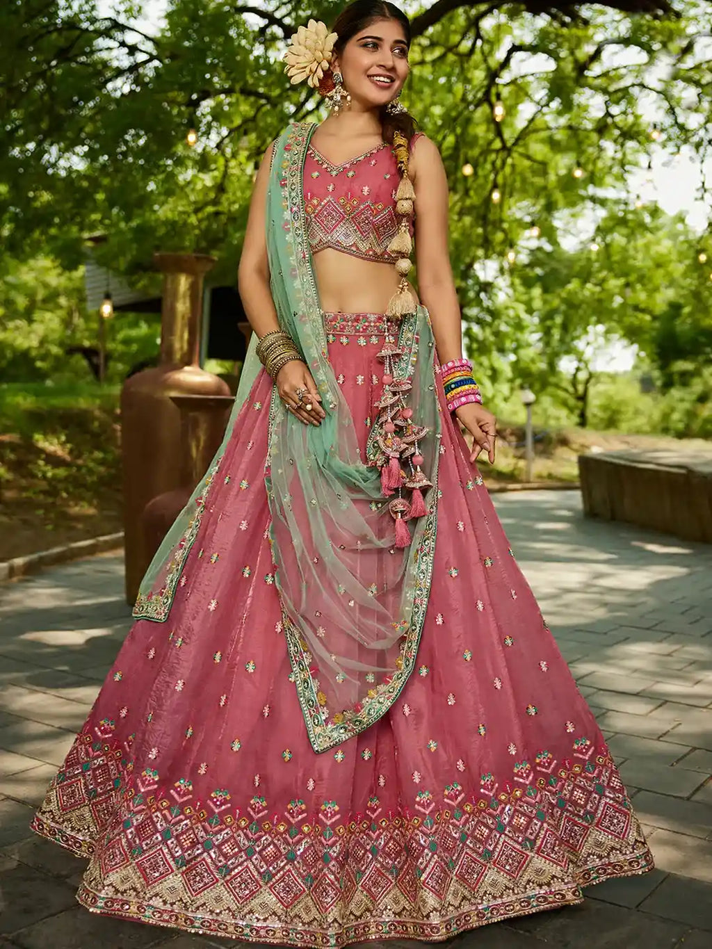 Pink Embroidered with Mint Green Dupatta – Traditional Royalty Redefined