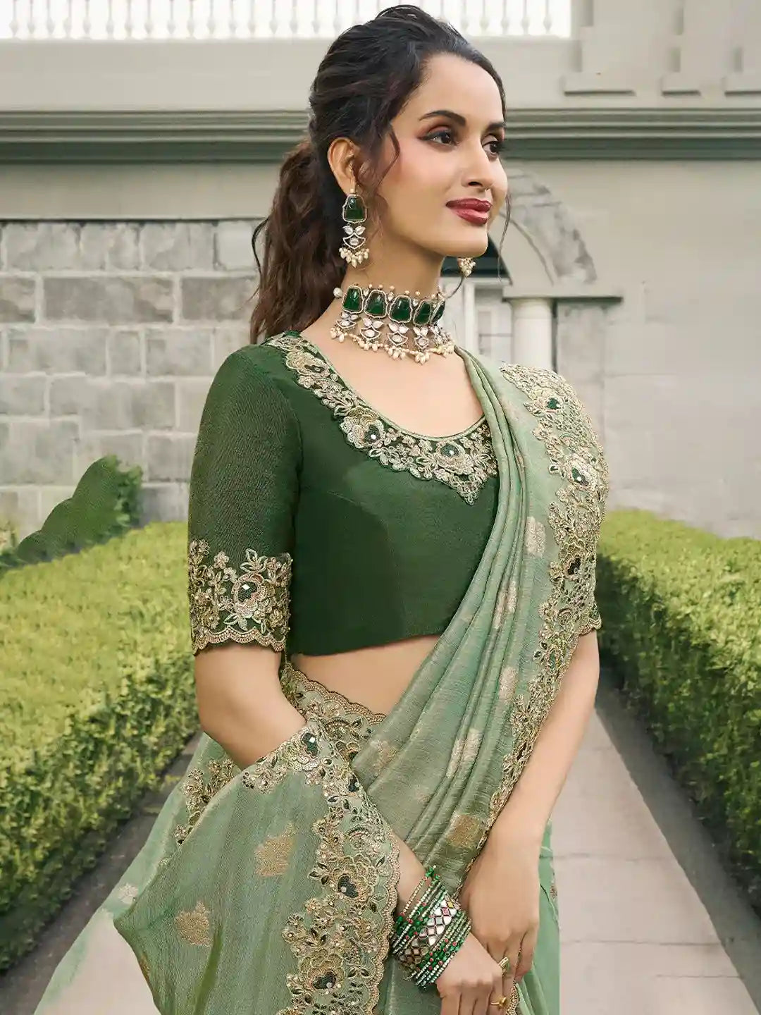 Light Green & Gold Zari Embroidered Silk Saree