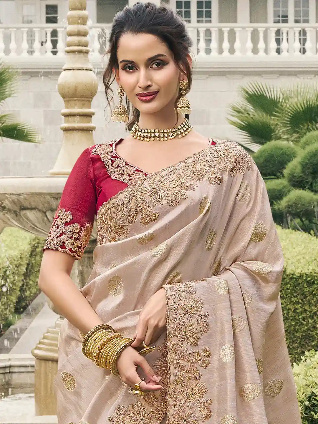 Beige & Red Zari Embroidered Silk Saree