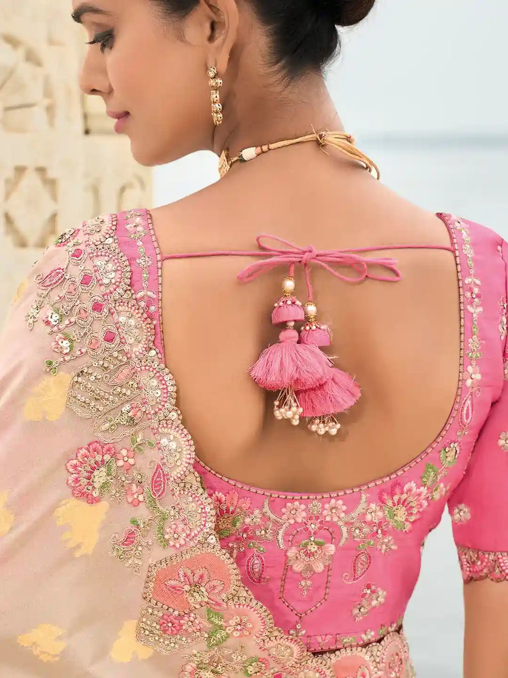 Cream & Pink Floral Zari Embroidered Silk Saree