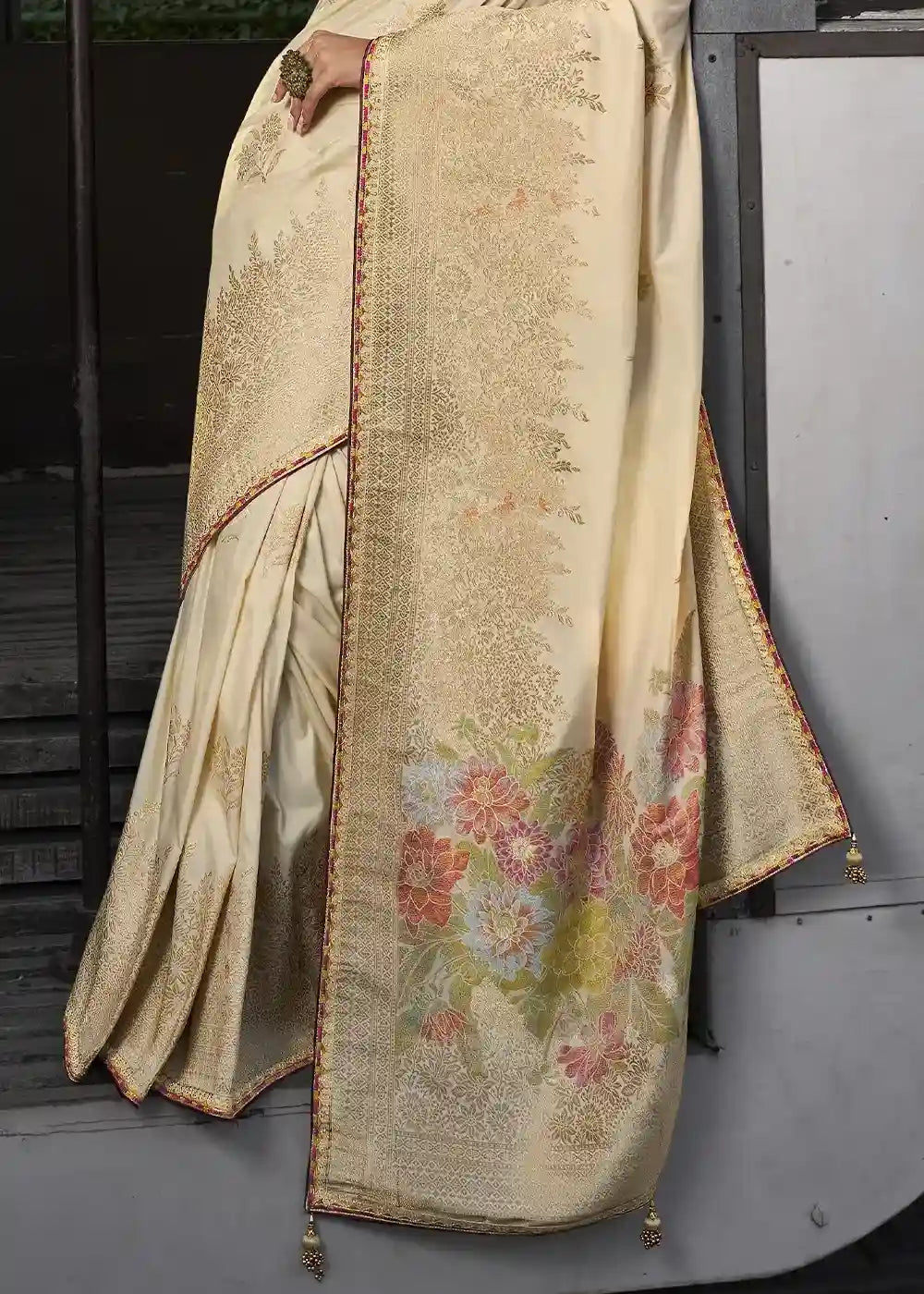Cream & Maroon Zari Embroidered Silk Saree
