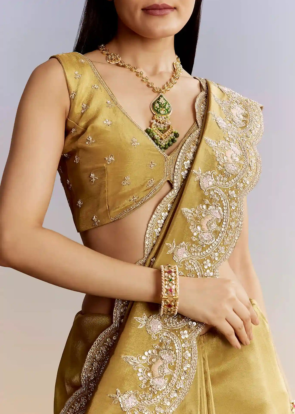 Golden Yield Crush Tissue Saree with Gota Zari & Bead Embroidery – Couture Meets Capital