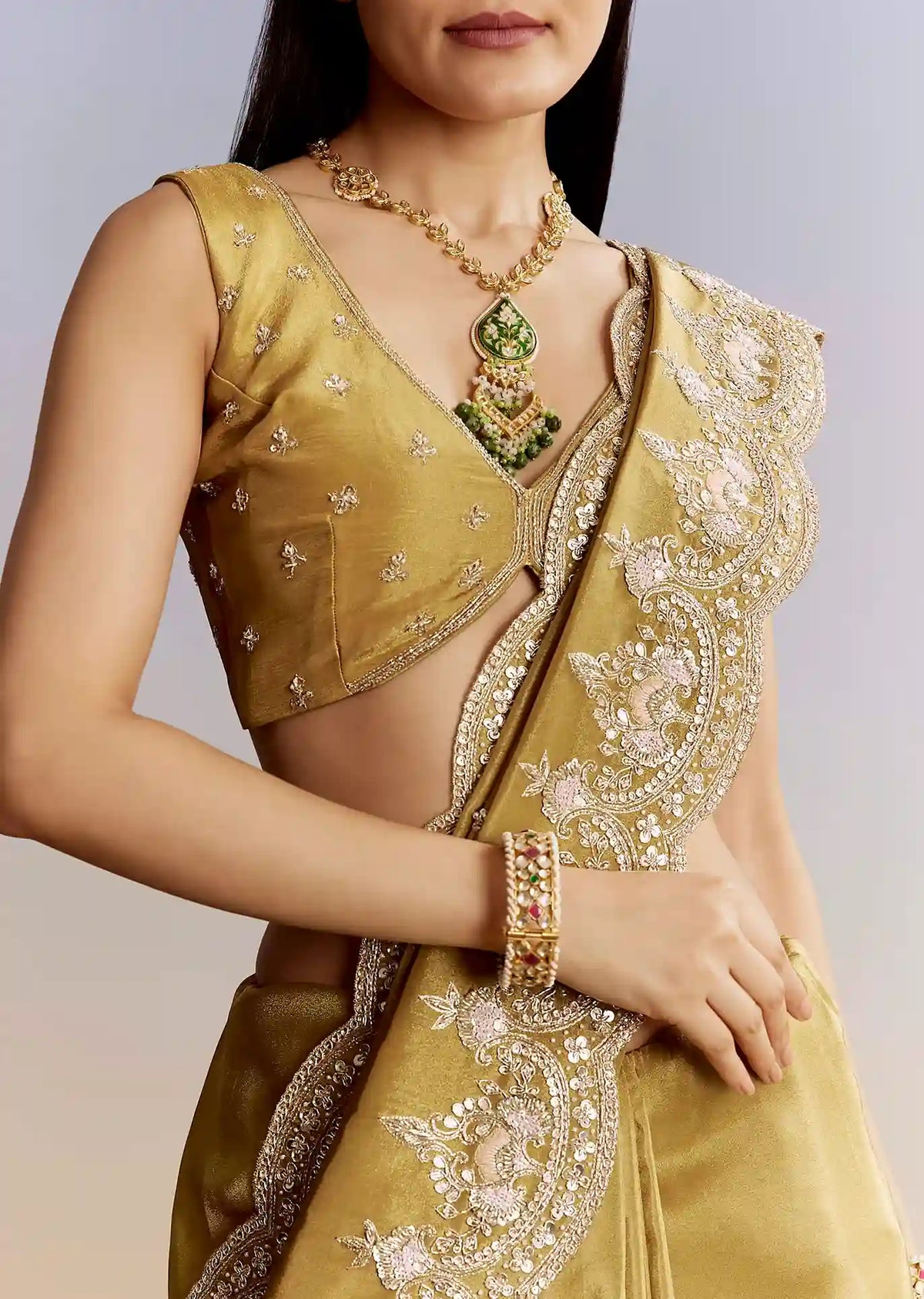Golden Yield Crush Tissue Saree with Gota Zari & Bead Embroidery – Couture Meets Capital