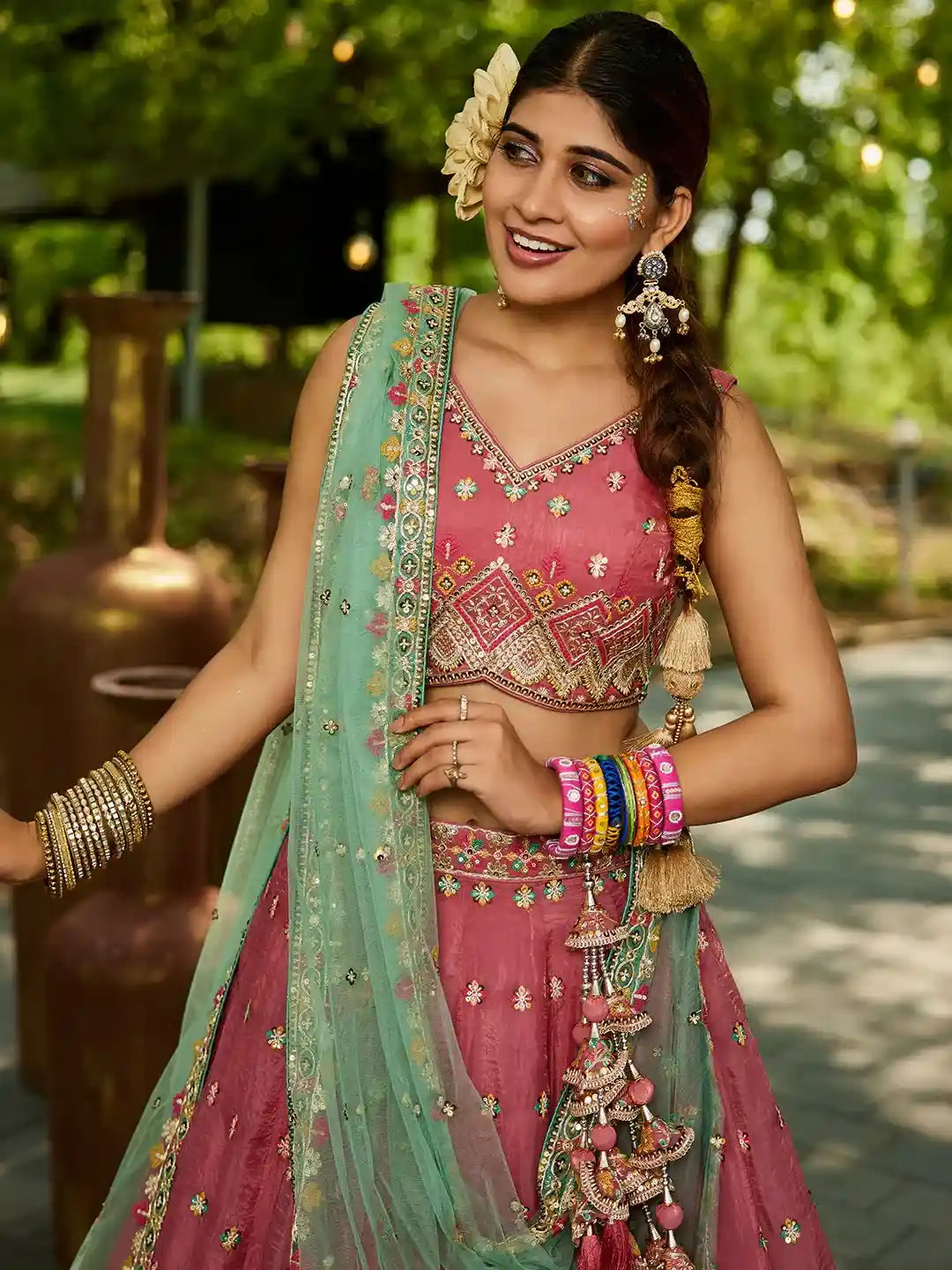 Pink Embroidered with Mint Green Dupatta – Traditional Royalty Redefined