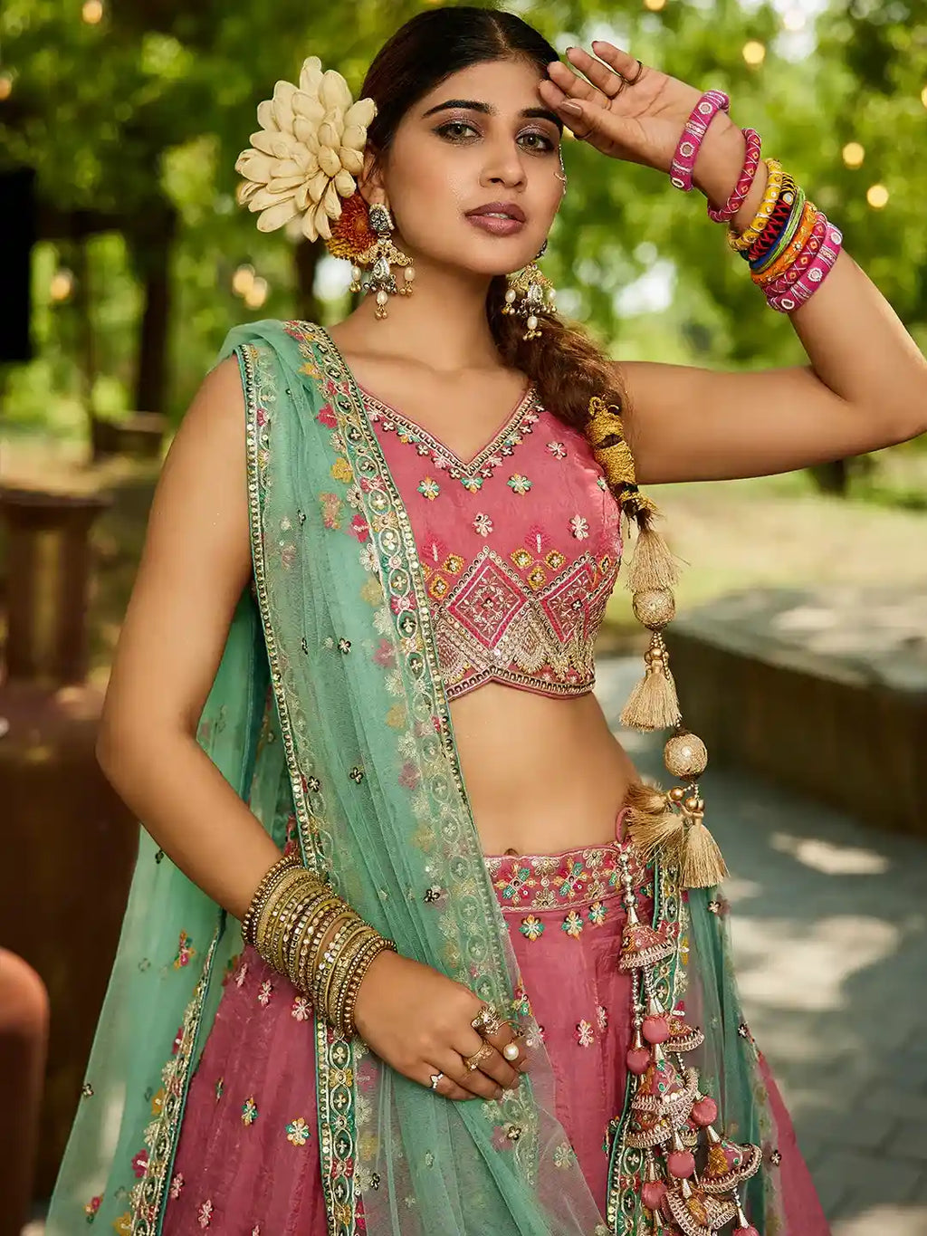 Pink Embroidered with Mint Green Dupatta – Traditional Royalty Redefined
