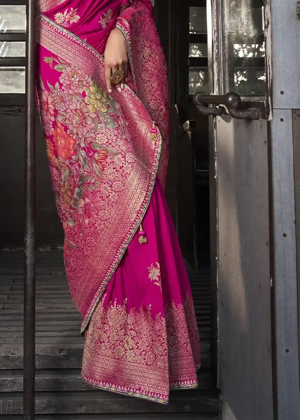 Pink & Green Floral Zari Embroidered Silk Saree