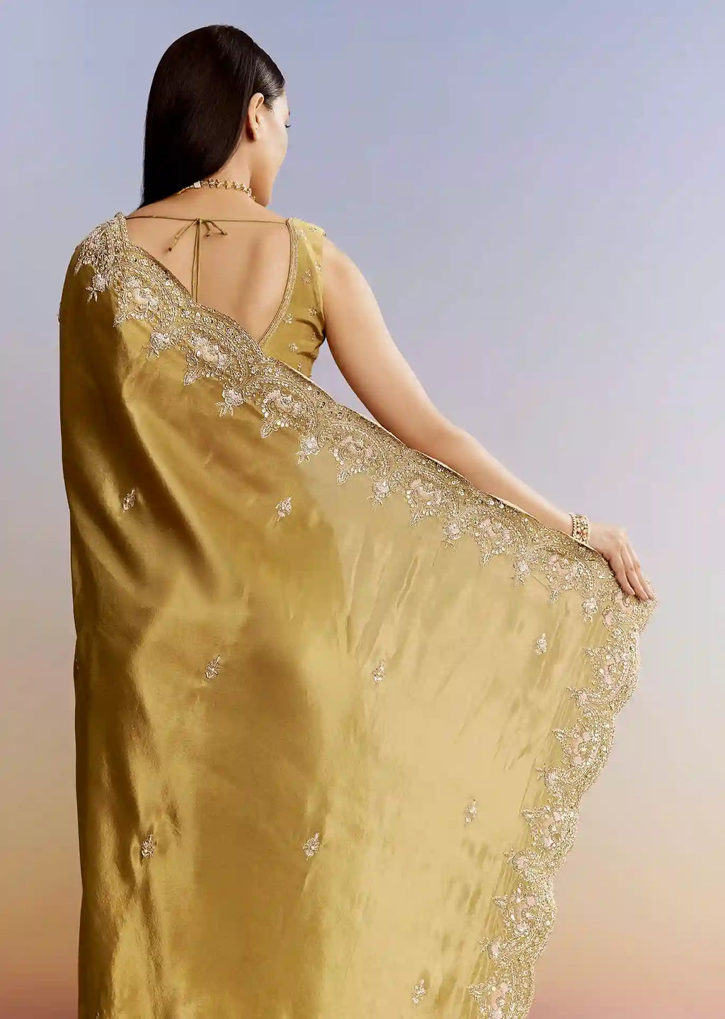 Golden Yield Crush Tissue Saree with Gota Zari & Bead Embroidery – Couture Meets Capital